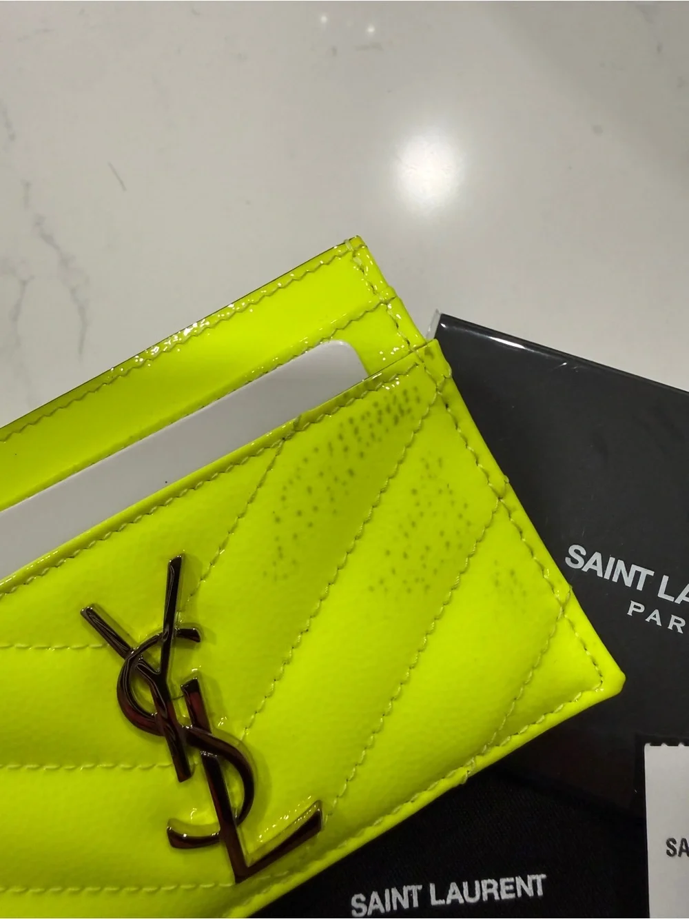 Authentic Saint Laurent Neon Yellow Quilted Patent Card Case with YSL Logo